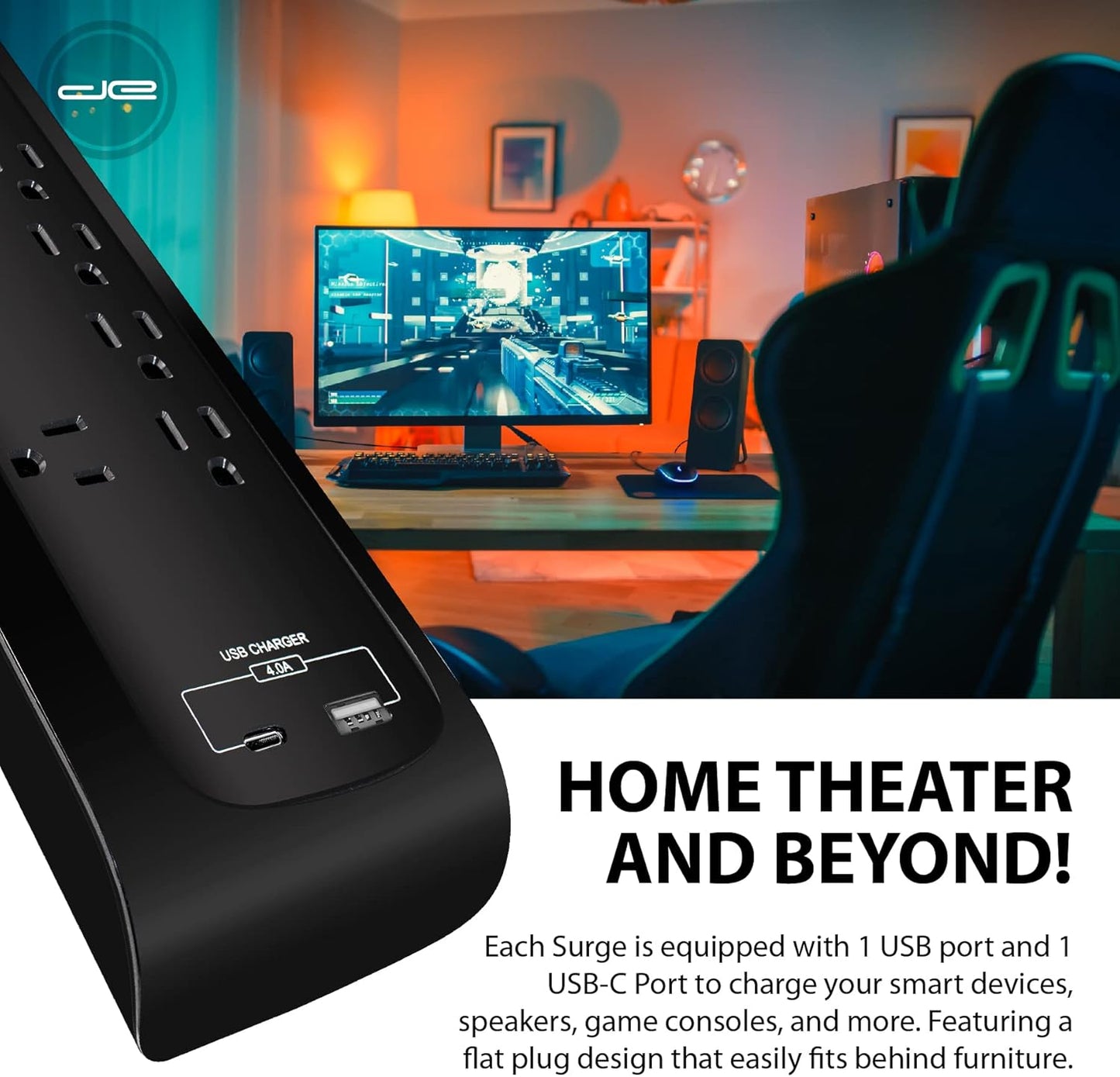 Digital Energy 25 FT USB-C and USB-A 8 Outlet 4200 Joules Surge Protector Power Strip, 3 Wide Spaced Outlets, Black