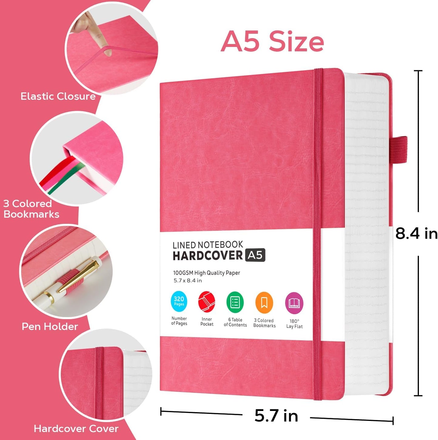 Lined Journal Notebook for Women/Men Writing Work, 320 Pages Hardcover Pink Leather Daily Diary Journals Note book College Ruled for Note Taking, A5 (5.7'' X 8.4'')