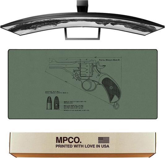 MPCO. Blueprints Large Gaming Desk Pad - 36" x 17" Aeroglyde Fabric Pistol Webly Mark IV – Green Desk Mats - Non-Slip, Washable, Smooth Glide for Precision Gaming & Work