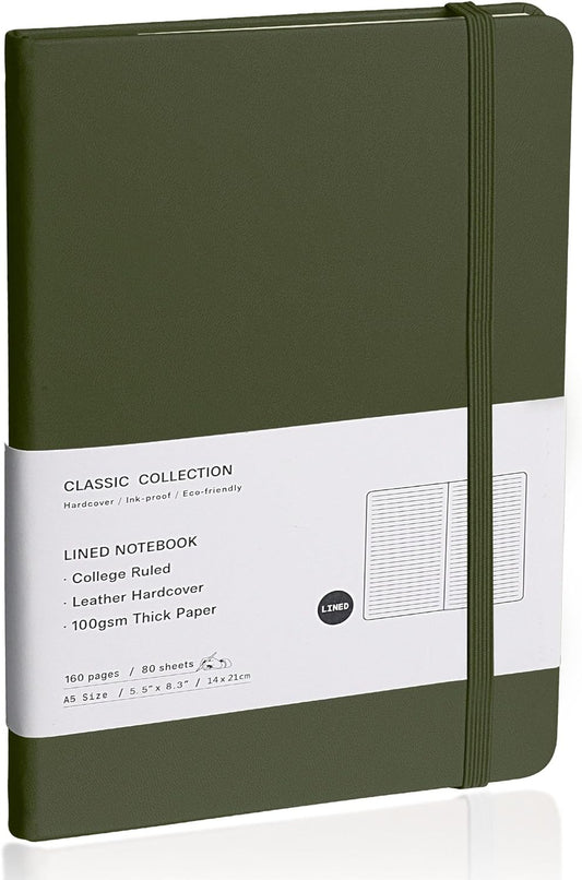 Lined Journal Notebook, (Olive Green), 160 Pages, Medium 5.7 inches x 8 inches - 100 gsm Thick Paper, Hardcover