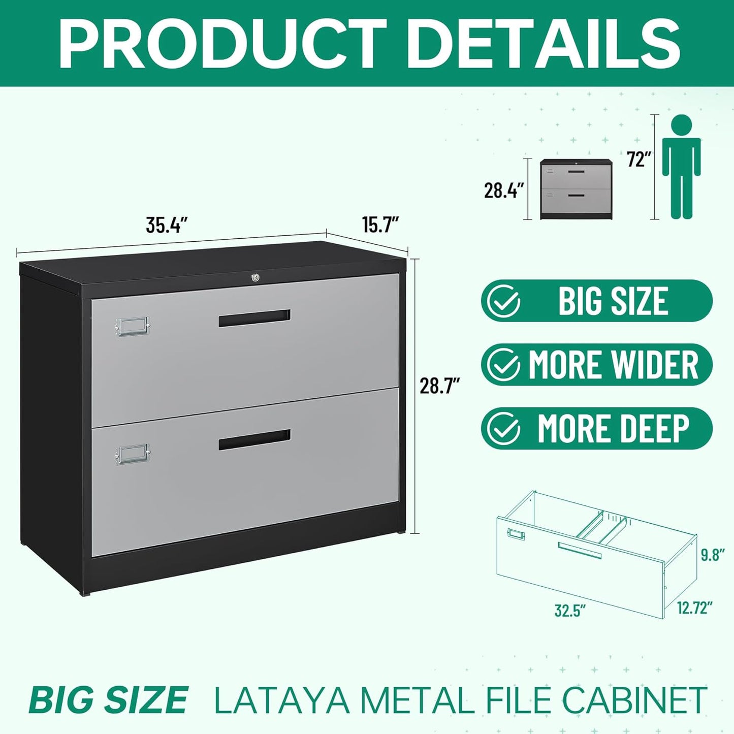 Letaya File Cabinet with Lock-Lateral 2 Drawer Metal Filing Cabinets-Organization Storage Cabinets for Home Office-Hanging Letter/Legal/F4/A4 Size (2 Drawer-Grey Black)