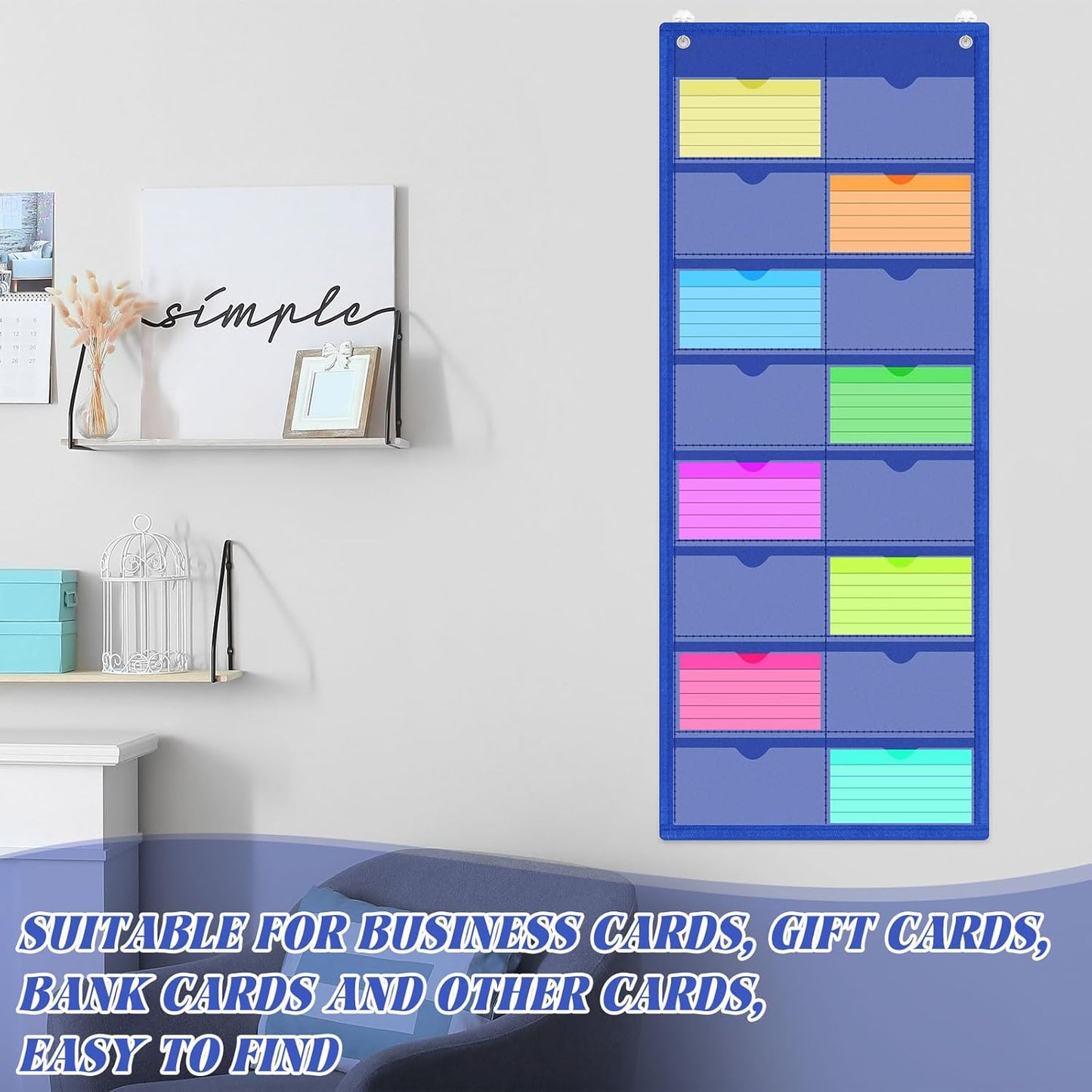 2 Pack 3'' x 5'' Index Card Holder Sleeve 16 Slot Plastic Organizer Hanging Wall Mount Business Note Cardholder PVC Clear Organizer Pocket for Classroom Office Library Home (Blue)