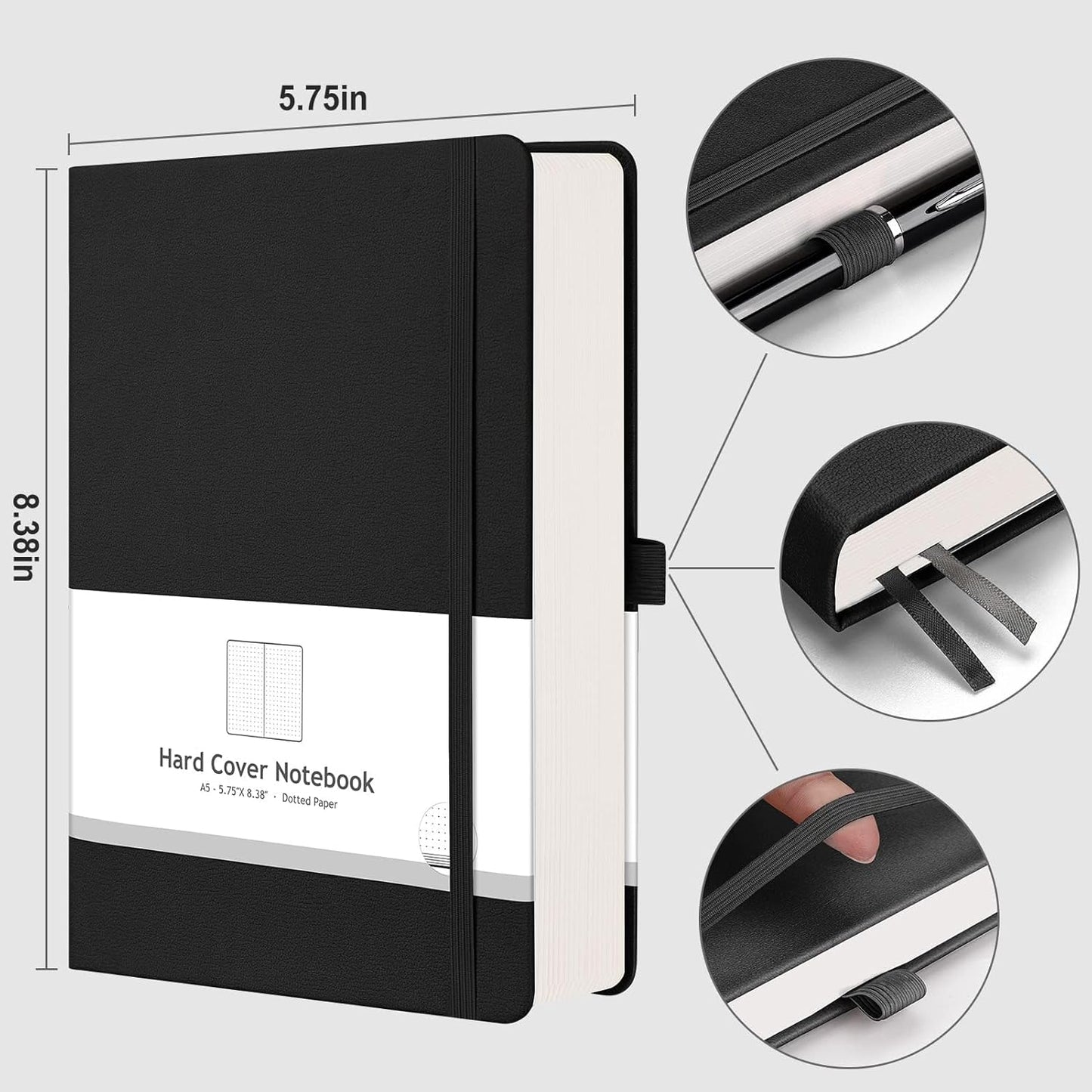 AHGXG Bullet Dotted Journal - 320 Numbered Pages Dot Grid Notebook A5 Thick Journal, 100gsm Thick Dotted Paper, Leather Hardcover,Inner Pocket, 5.75'' × 8.38'' - Black