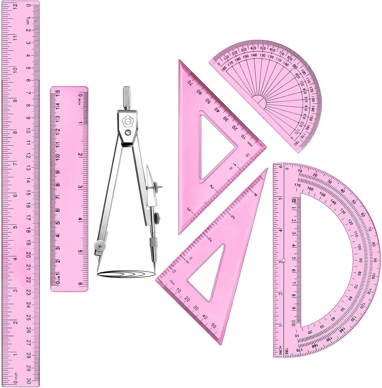 Zonon 1 Set Plastic Geometry Math Set Includes Drawing Compass, 6 Inch 4 Inch Protractor, 45/60 Degree Triangle Rulers 12 Inch 6 Inch Math Ruler Transparent for Office Supplies (Pink)