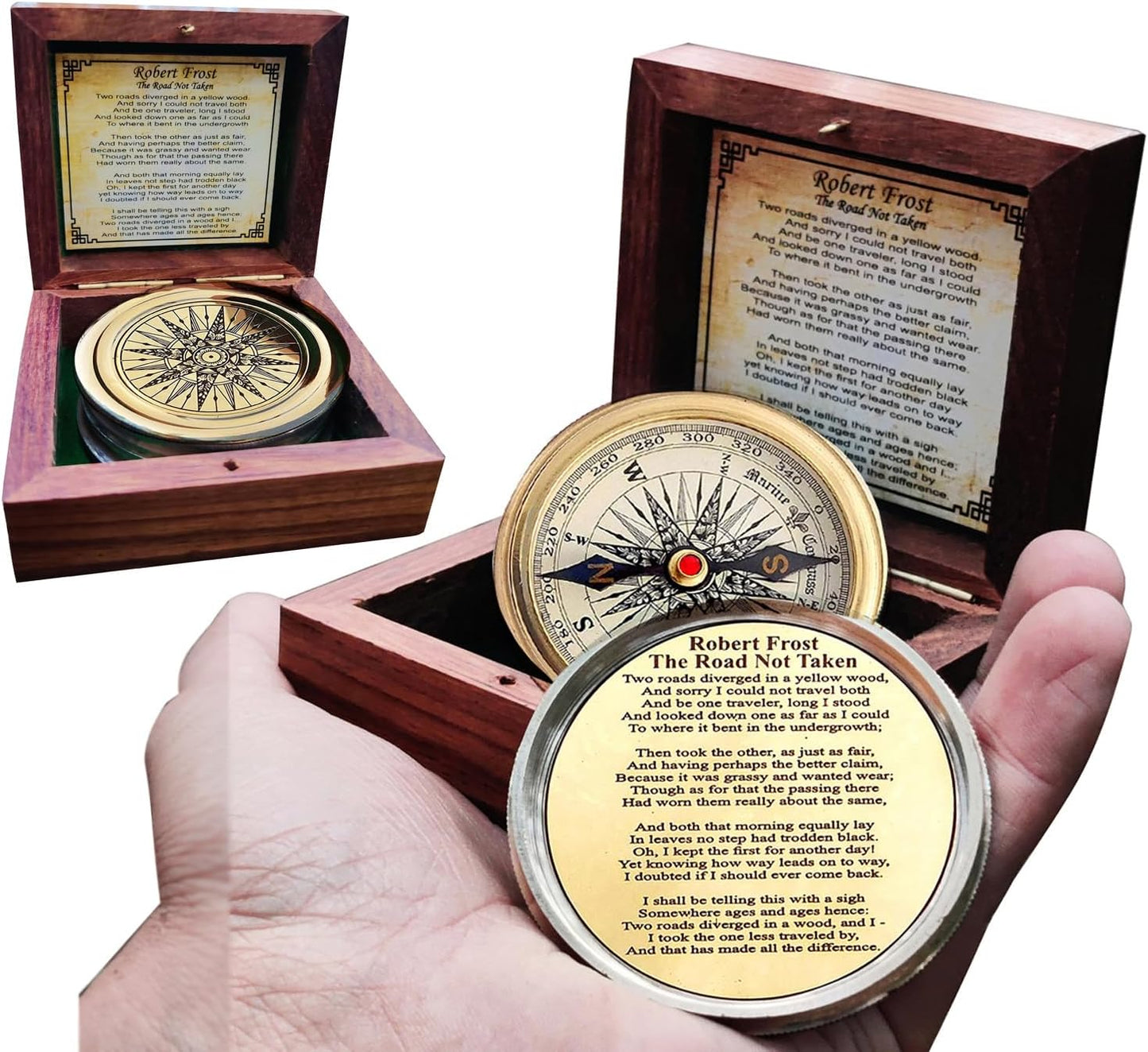 Antiqued Brass Robert Frost Poem Compass with Wooden Box, Inspirational Gifts for Woman, Aniversity Gifts for Men,Engraved Compass,Wedding for Boys, Pocket Compass for Hiking Survival