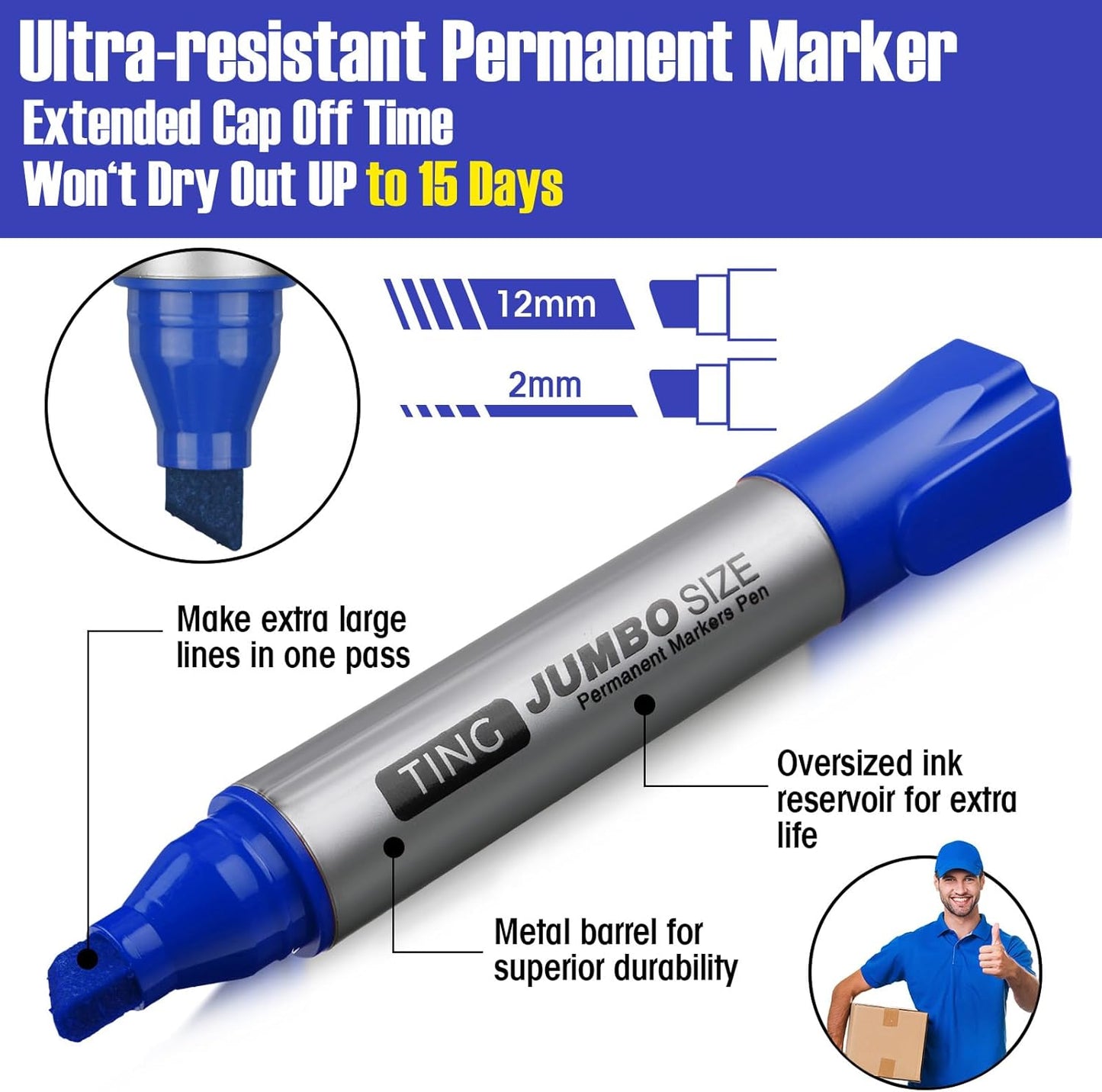 Fuutreo 32 Pcs Jumbo Permanent Markers Bulk Large Chisel Tip Permanent Markers Waterproof Jumbo Pens Quick Drying Office Teacher Supplies(Black, Green, Blue, Red)