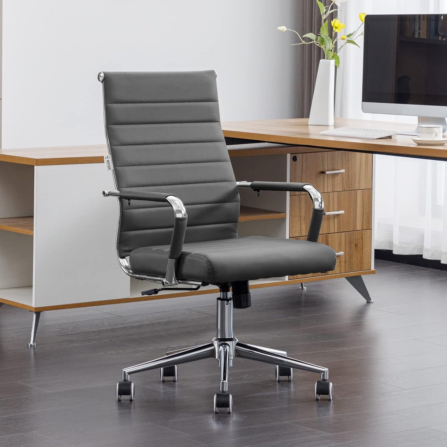 Okeysen Ergonomic Office Desk Chair, Modern PU Leather Conference Room Chairs Ribbed, High Back Executive Swivel Rolling Chair for Home, Office