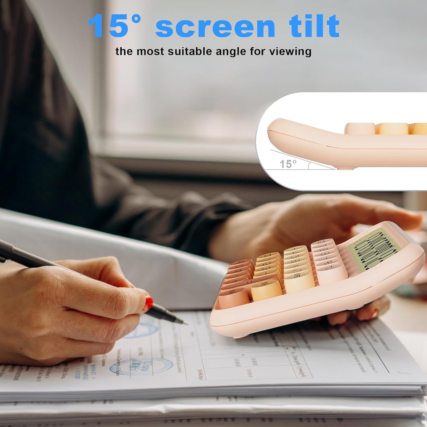 Mechanical Calculator 12 Digit Extra Large 5-Inch LCD Display, DECKLIT Battery Desk Calculator, Big Buttons Easy to Press Office Calculators Desktop, 15°Tilt Screen for Kids Calculator(Gradient Pink)