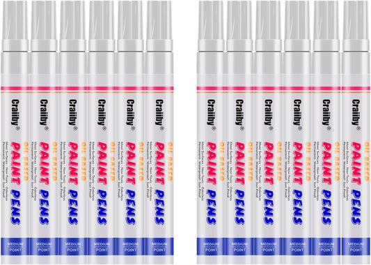 White Paint Markers, 12 Pack Oil-Based Waterproof Quick Dry Permanent Paint Pen Set for Rocks Painting, Wood, Plastic, Canvas, Glass, Mugs, Metal, Tire, Stone, DIY Craft