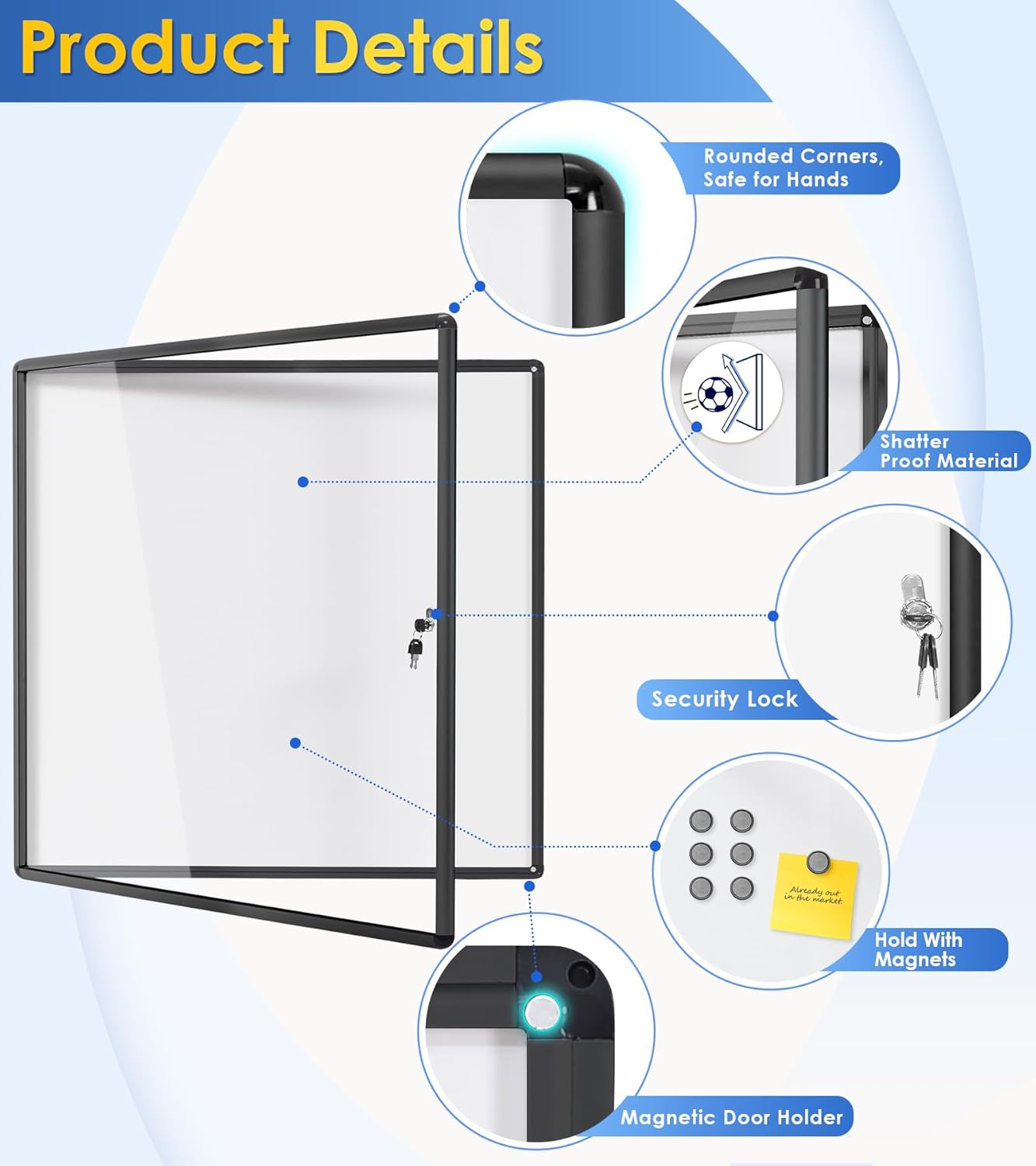 SWANCROWN Enclosed Bulletin Board Black Frame Enclosed Display Case,with Magnets,for School Message Notice, 38x38inch (12xA4)