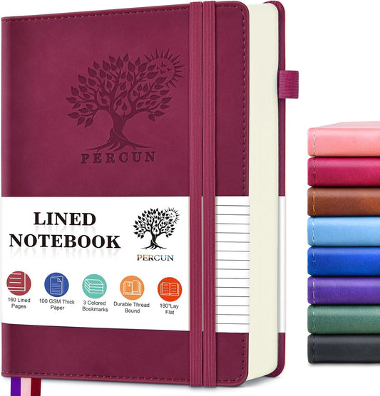 PERCUN Lined Journal Notebook for Men & Women, 160 Pages College Ruled Journal for Writing, A5 Hardcover Leather Notebooks for Work, School, Business, Travel, Daily Diary 5.9" x 8.5" - Burgundy