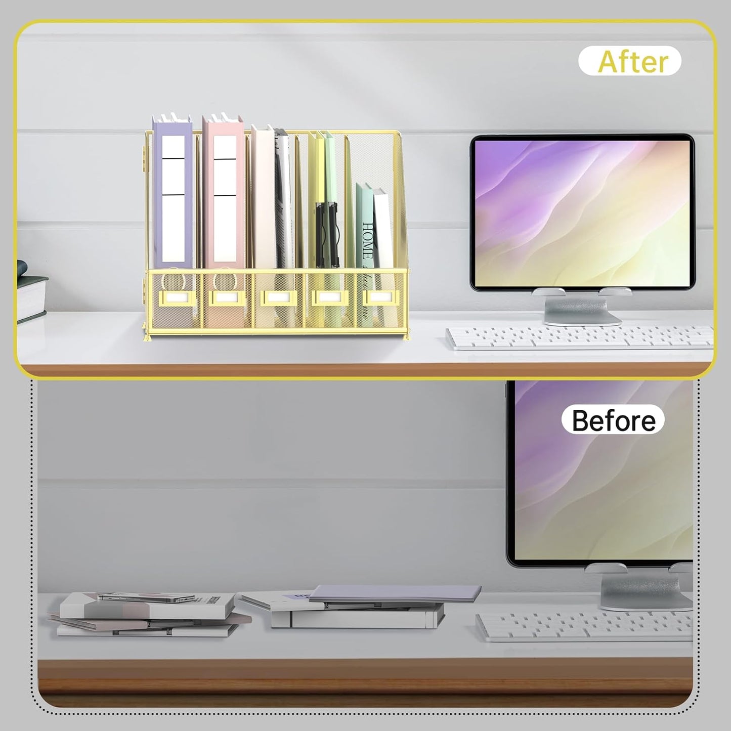 SUPEASY Desk Organizers Metal Desk Magazine File Holder with 5 Vertical Compartments Rack File Organizer for Office Desktop, Home Workspace, Gold Plus