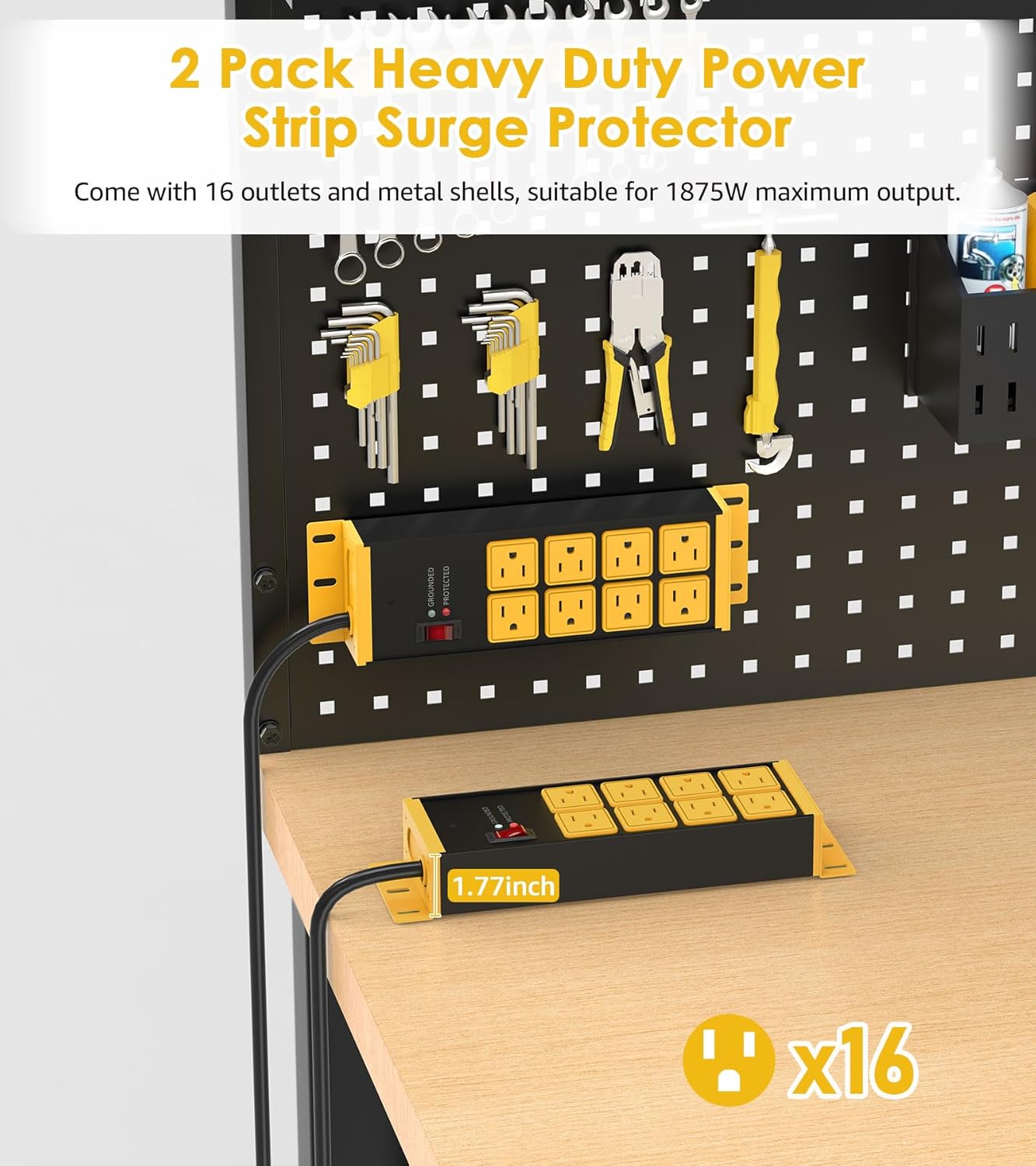 HHSOET 2 Pack Heavy Duty Power Strip 8 Outlets, Metal Wall Mount Outlet Strip 4800J Surge Protector, Garage Shop Under Desk Mountable 5FT Extension Cord Plug.