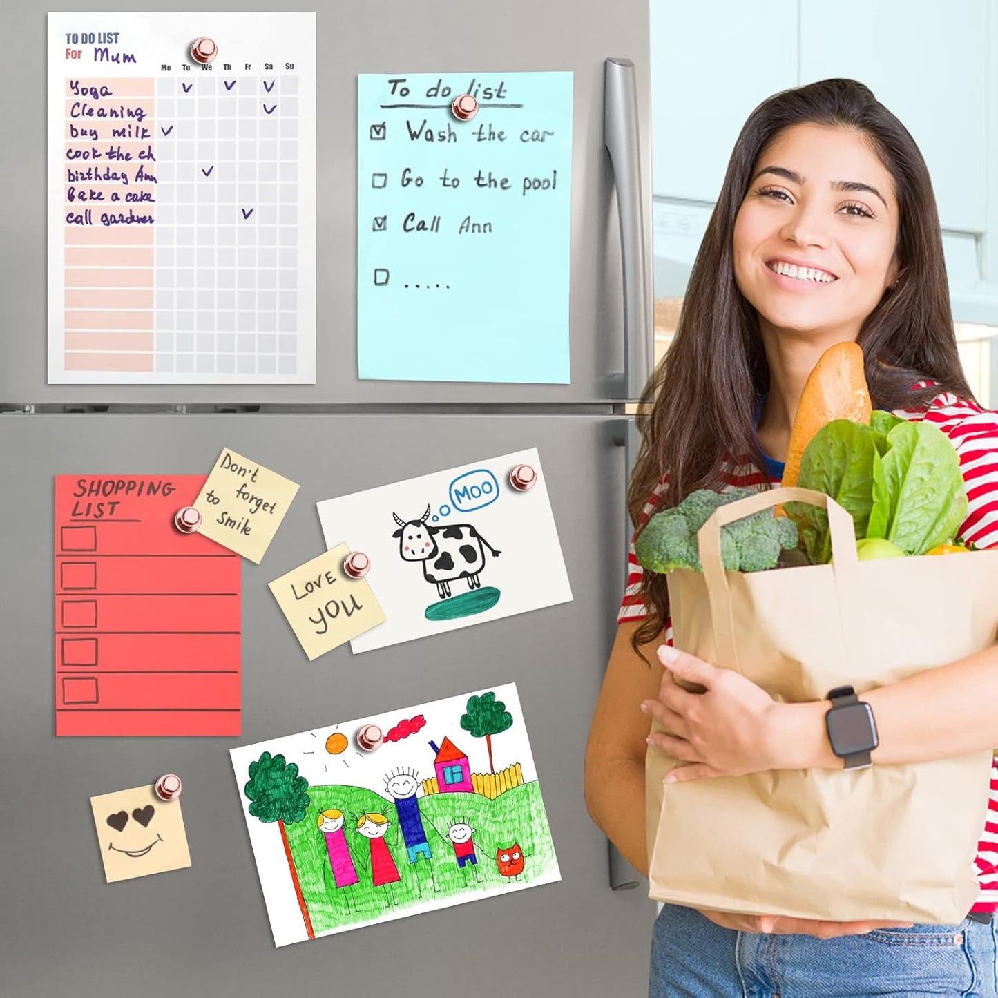 Pack of 8 Rose Gold Pink Push Pins Ideal Whiteboard Refrigerator Magnets - Adult Small Strong Magnets for Kitchen Classroom Office