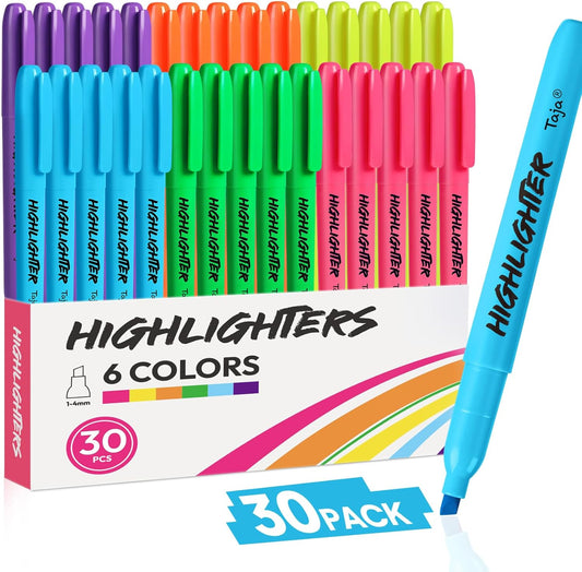 Taja 30 Pack Highlighters Bulk Assorted Bright Colors, 6 Colors Chisel Tip Highlighters Markers Set with No Bleed Ink, Perfect for School & Office Supplies