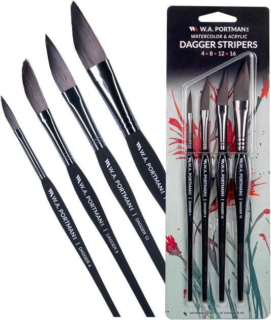 WA Portman Dagger Watercolor Paint Brushes Professional 4pc Set - 100% Vegan, Cruelty-Free Dagger Watercolor Brushes Professional - Acrylic Paint Brush Set with Triangular Comfort Grip