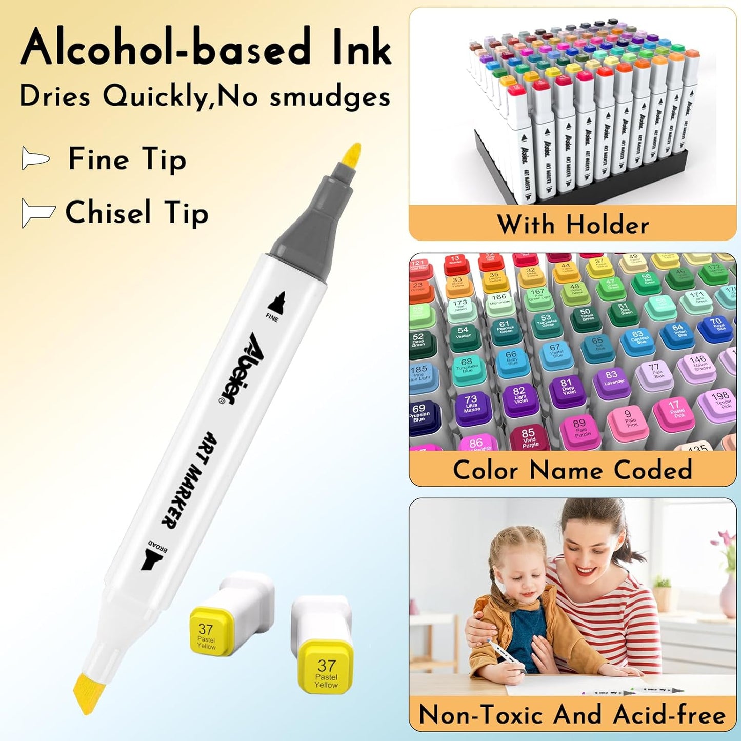 ABEIER Alcohol Markers, 168 Colors Dual Tip (Fine & Chisel) Art, Coloring Markers for Adults Kid, Ideal for Book Drawing Sketching Painting, Card Making, Includes 1 Colorless Blender