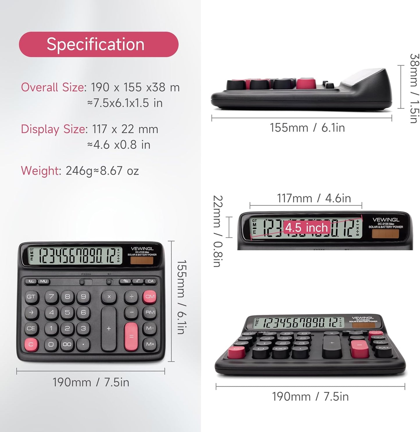 VEWINGL Desktop Calculator, 12-Digit Large LCD Display, Big Computer-Style Keys, Dual Power (Solar & Battery), Auto Sleep Mode, for Office, School, Home & Business 7.5″ x 6.1″ (Black, L)