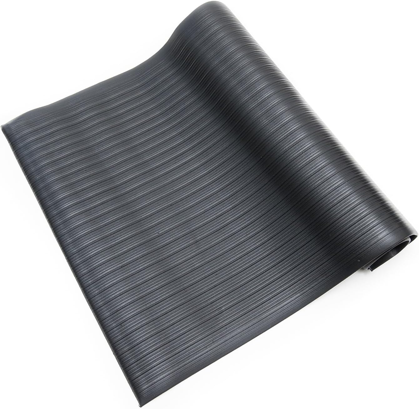 Anti Fatigue Floor Mat (Made in USA), 3 Feet Wide x 12 Feet Long x 3/8 Inches Thick, Ribbed Pattern Top, Black, Bevelled on All Four Sides, RoHS and REACH Compliant -AFRB38-3x12BLKBEV