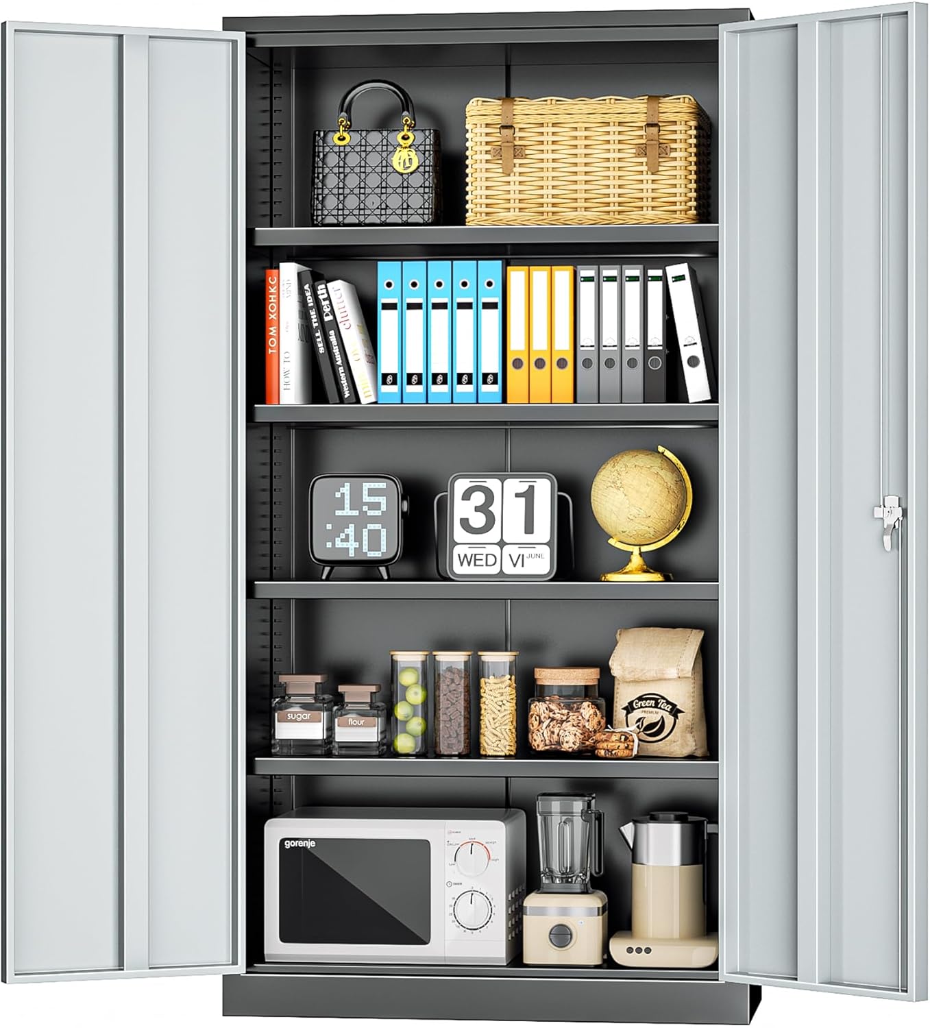 INTERGREAT Metal Storage Cabinet with Doors and Shelves,72" H Black Gray Steel Tool Locking Cabinet, Metal Storage Cabinet for Home Office, Warehouse, School