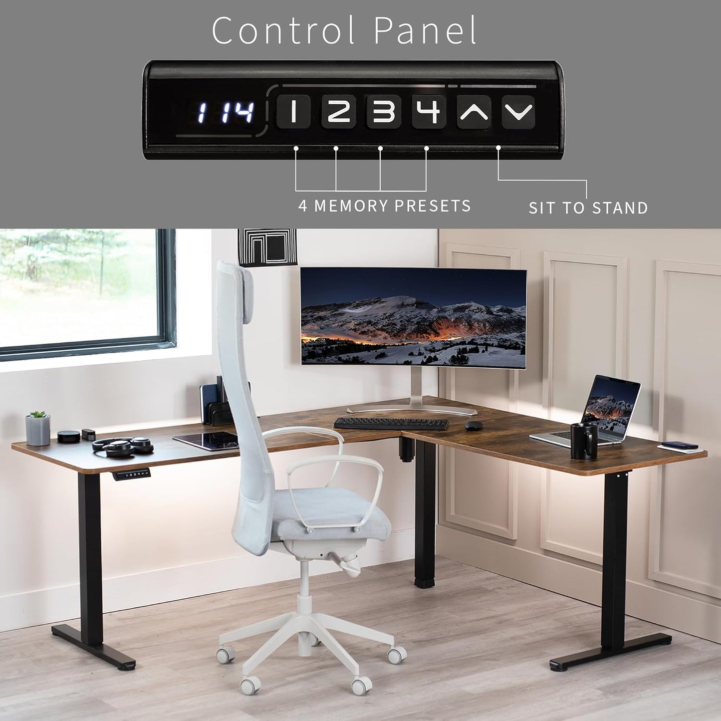 VIVO Electric Corner L-Shaped 75 x 63 in Rustic Standing Desk, Memory Height Adjustment, Vintage Brown Top Black Frame, DESK-E3CTN-75