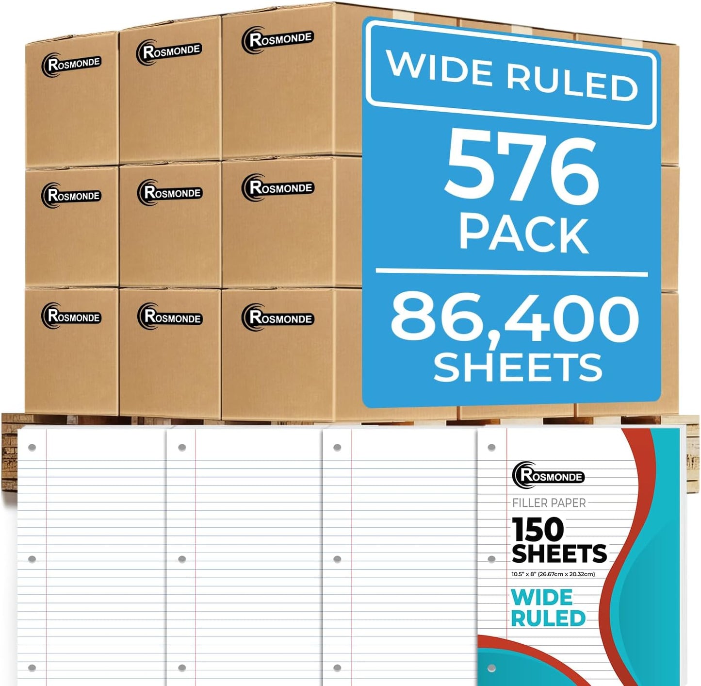 576 Pack (Pallet) Loose Leaf Paper Bulk, 86400 Sheets, Wide Ruled, Pallet of Filler Paper, 150 Sheets/Pack, 8 x 10.5", 3 Hole Punched, 56 Gsm Thick Sheets, School & Office, 4-7 Days Transit