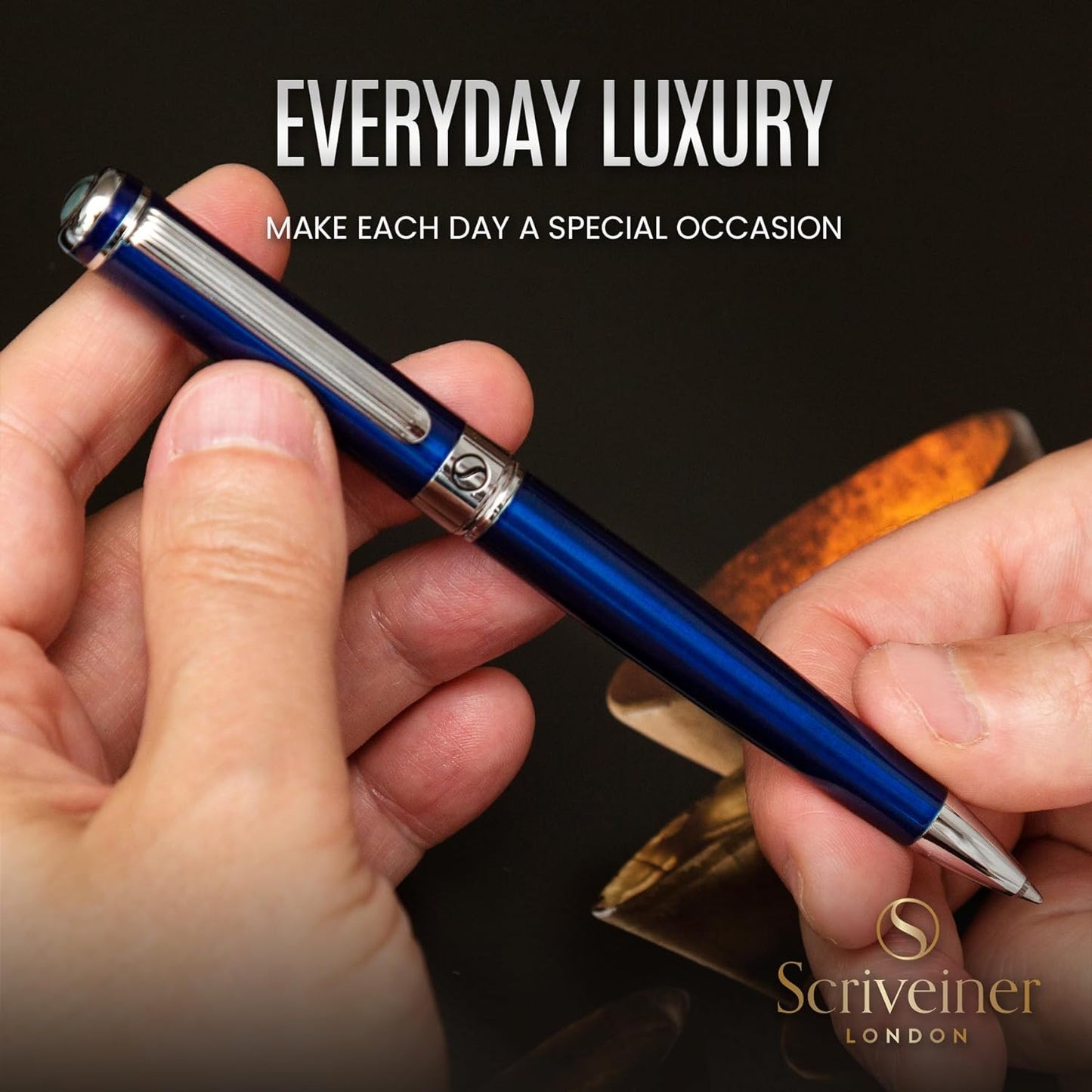 Scriveiner Midnight Blue Ballpoint Pen - Stunning Blue Lacquer Luxury Pen, Chrome Finish, Schmidt Black Refill, Best Ball Pen Gift Set for Men & Women, Professional Executive Office, Nice Designer Pen