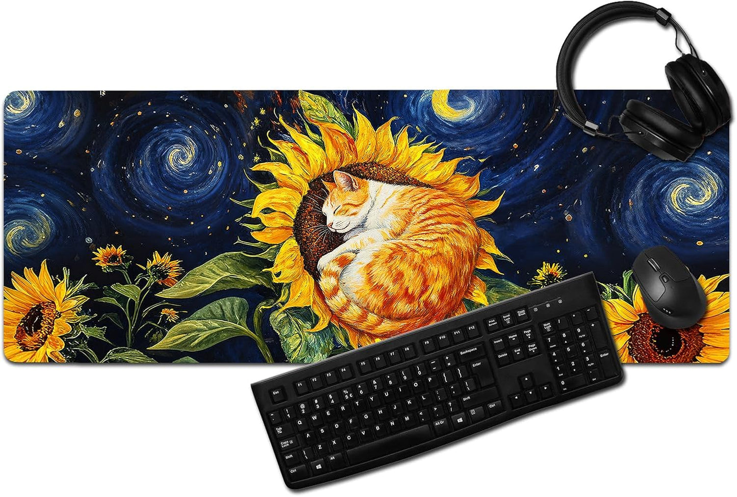 Sunflower Cat Gaming Mouse Pad, Starry Sky Cute Orange Cat Mousepad - Large Non-Slip Desk Mat for Office, PC, Laptop - 31.5"x11.8" x 3mm