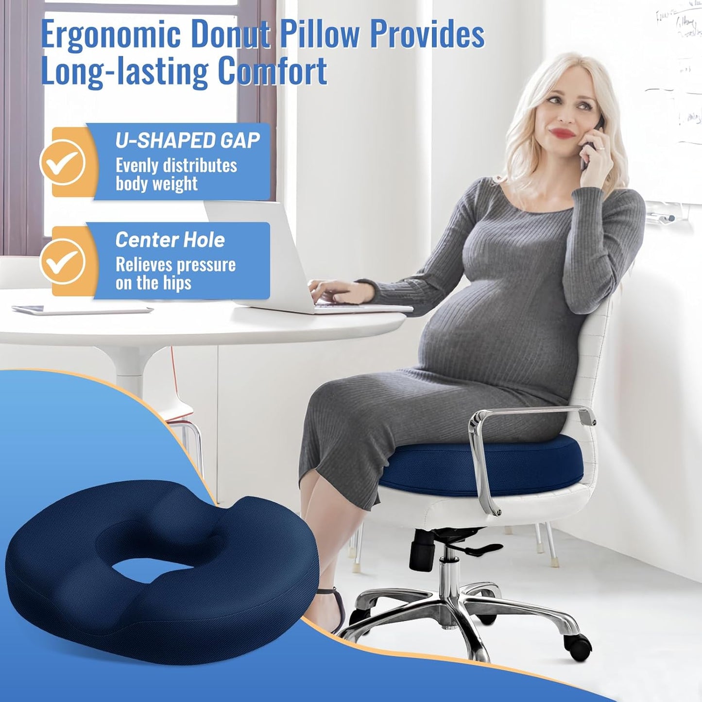 CloudBliss Donut Pillow Seat Cushion for Tailbone Pain Relief and Hemorrhoids, Memory Foam Chair Cushion for Postpartum Pregnancy, Seat Cushions for Men and Women for Home & Office, (Blue)