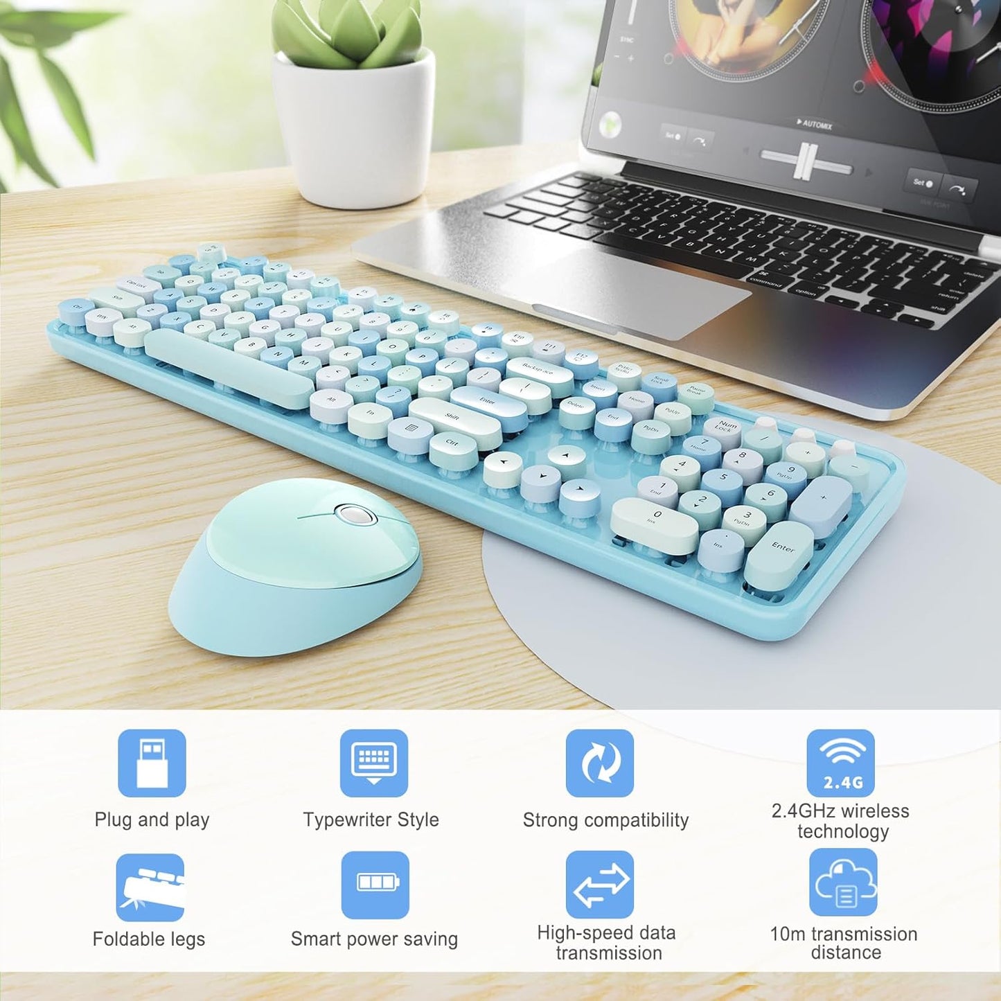 Wireless Keyboard and Mouse Combo, Ergonomic Full Size Typewriter Retro Round Keycaps Keyboard, Compatible with Windows, PC, Perfer for Home and Office Keyboards (Blue