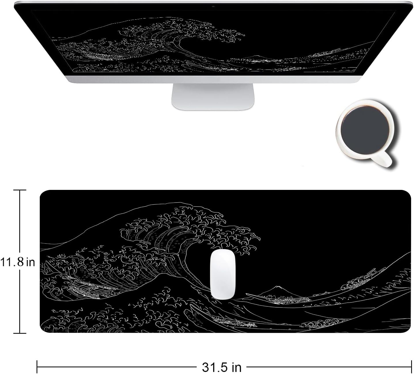 Large Mouse Pad Gaming, Extended Mousepad with Stitched Edges, Non-Slip Rubber Base Keyboard Desk Mat Mouse Pads for Work, Game, Office, Home, 31.5 x 11.8 in, Black Wave of Kanagawa