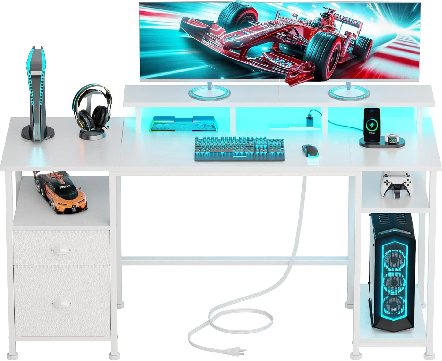 Furologee 61" Computer Desk with Power Outlet and LED Lights, Reversible Gaming Desk with File Cabinet & Monitor Stand for Home Office, Large Work Table with Storage Shelves & Drawer, White