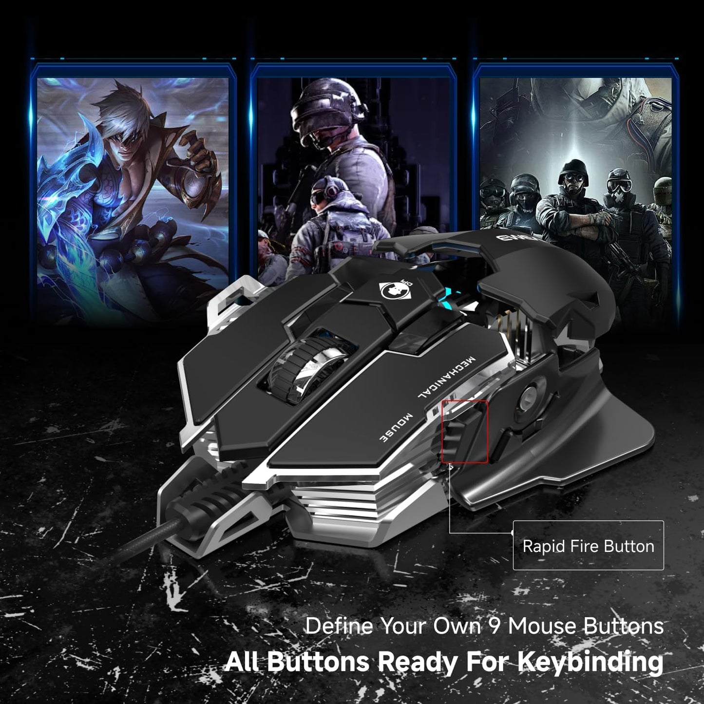 EWEADN G5 Wired Gaming Mouse, Ergonomic RGB Computer Mouse, 12800 Adjustable DPI, 9 Programmable Macro Buttons with Rapid Fire Key Compatible for PC/Laptop/Windows-Black&White