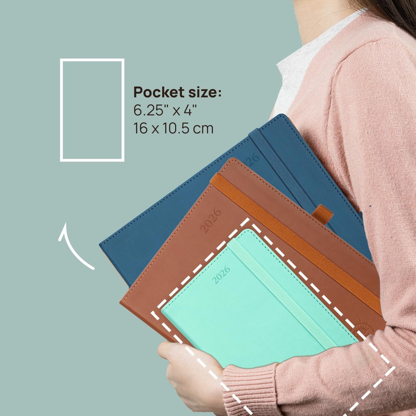 POPRUN Pocket Monthly Planner 2025-2026 (Pocket- 4''x 6.25''Soft Leather Cover) - 18 Month Calendar Book for Purse (Jul.2025-Dec.2026), 100 GSM Thick Paper - Pacific Green