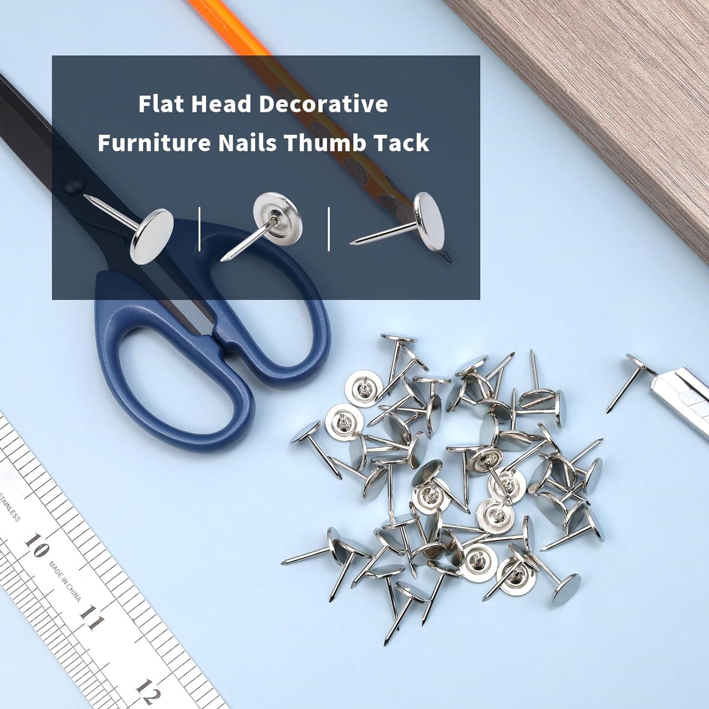 100Pcs Flat Head Upholstery Tacks Home Furniture Decor Tack Upholstery Nails Pushpin Thumb Tacks,Silver Tone (11mmx17mm)