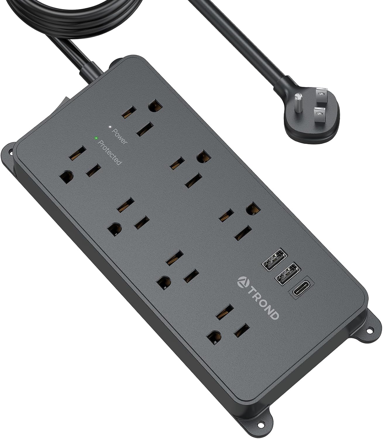 TROND Power Strip Surge Protector 10ft, ETL Listed, Flat Plug Extension Cord with 2 USB-A & 1 USB-C, Wall Mountable, 7 Widely-Spaced Outlets, 1700J, for Home Office Garage, Black