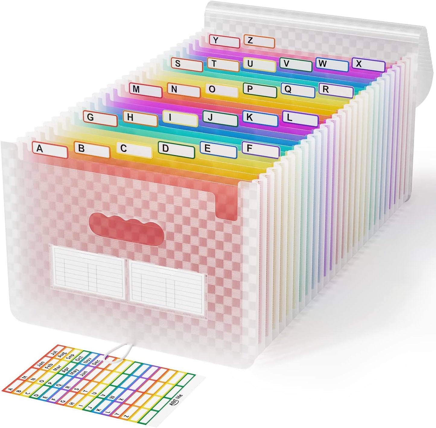 ABC life 26 Pockets Accordian File Folder Organizer Letter Size Expanding File Folder, A4 Portable Document Paper School Organizer, Expandable Multicolor Accordion Filing Folders with Labels(Pink)