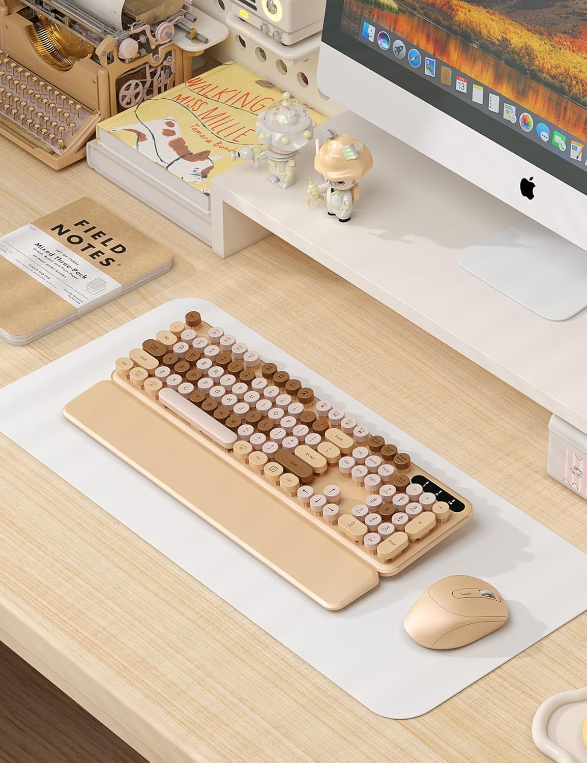 Wireless Keyboard and Mouse Combo - Cute Typewriter Keyboard with Detachable Wrist Rest, Retro Round Keycaps, Foldable Legs, 2.4GHz Full-Size Keyboard for PC, Laptop, Mac, Windows - Trueque (Latte)