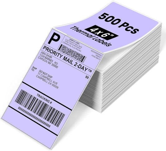Phomemo 4x6 Thermal Labels for Shipping Label Printer - 500PCS Purple Mailing Labels - 4x6 Direct Thermal Labels Fanfold Compatible with Rollo,MUNBYN,iDPRT,JADENS,POLONO - Water/Oilproof - NO BPA/BPS