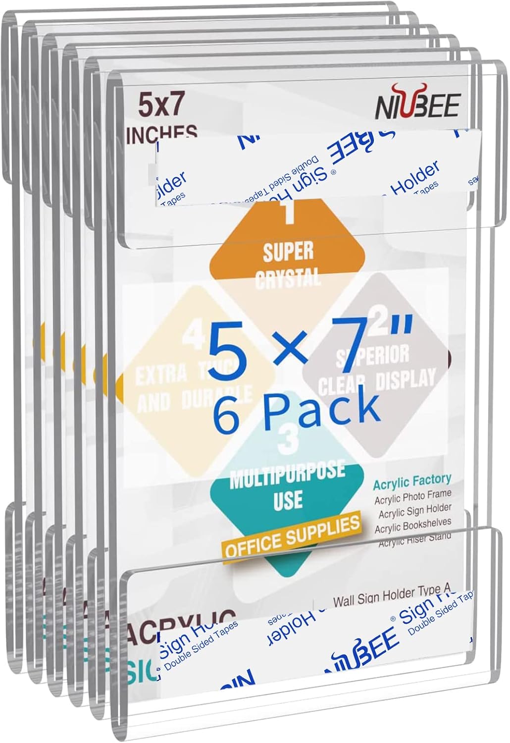 Niubee Acrylic Sign Holder 5x7 Vertical, Wall Mount Sign Holder Door Sign Holder Memo Holder Clear Wall Frame with Tape Adhesive for Office, Home, Store, Restaurant, No Drilling - Vertical (6 Pack)