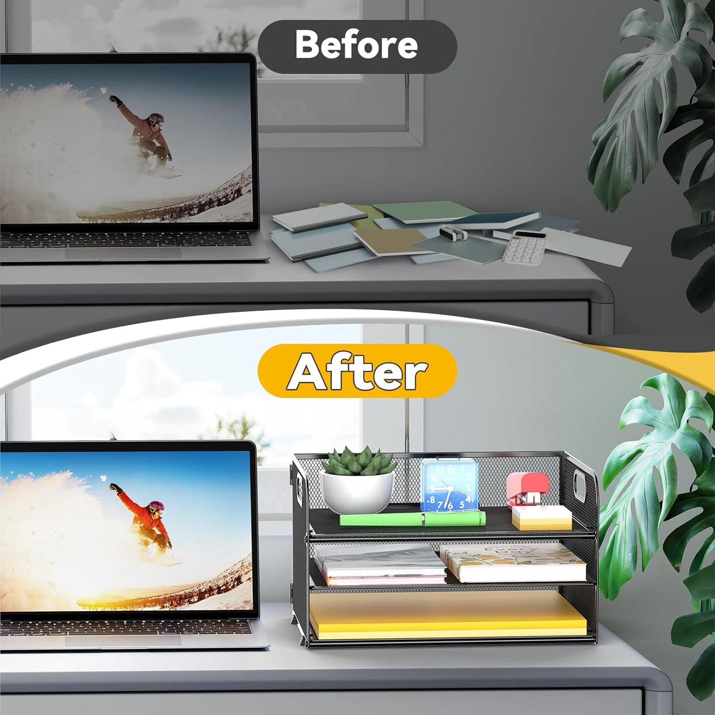 3-Tier Paper Letter Organizer Tray with Handle, Mesh Desk File Organizer for Office, Home, School - 2 Pack, Black