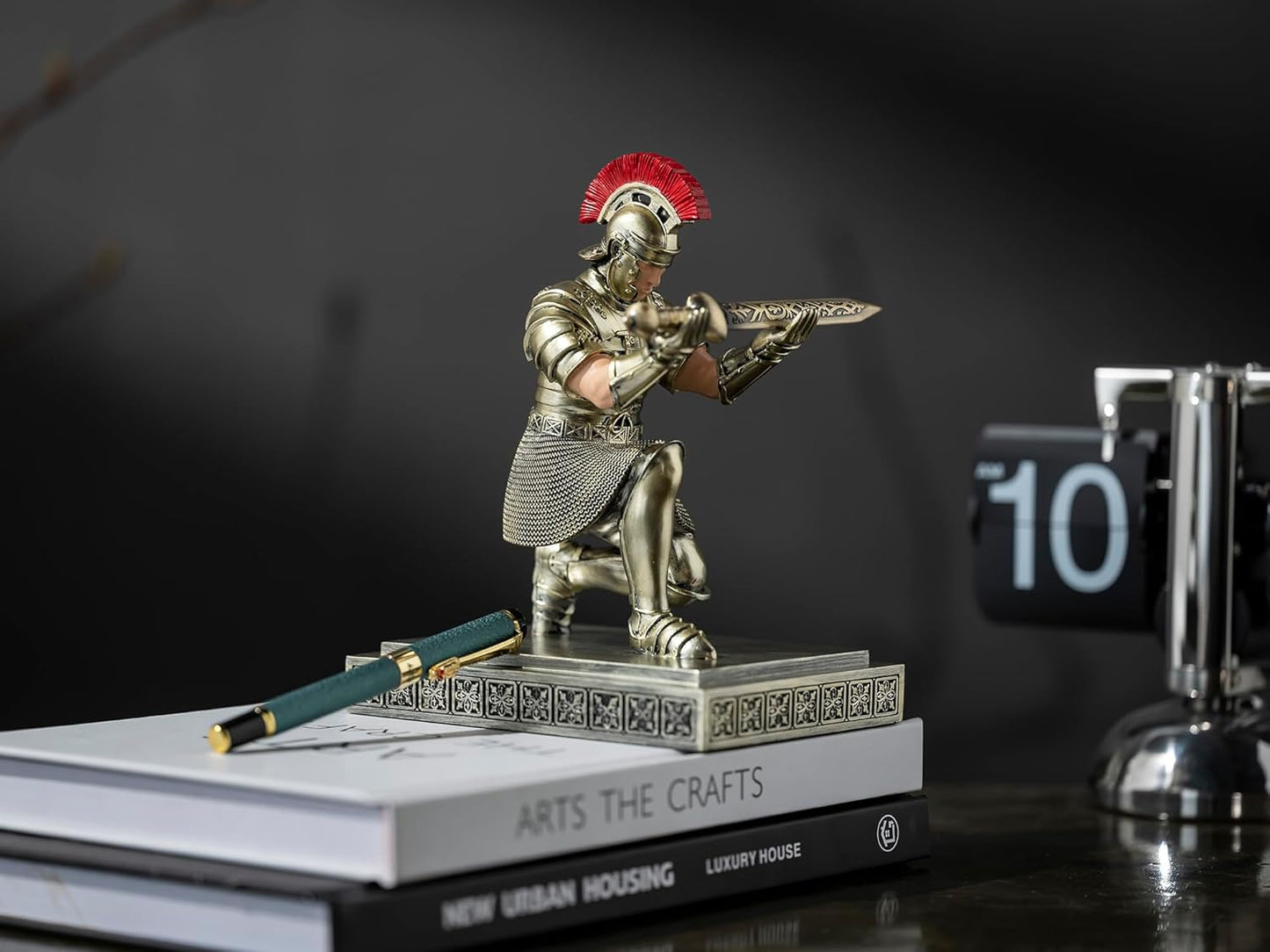 Roman Praetorian Warrior Knight Pen Holder Desk Ornament Resin Pencil Holder Desk Accessories and Organizer for Office with a Letter Opener (Bronze)