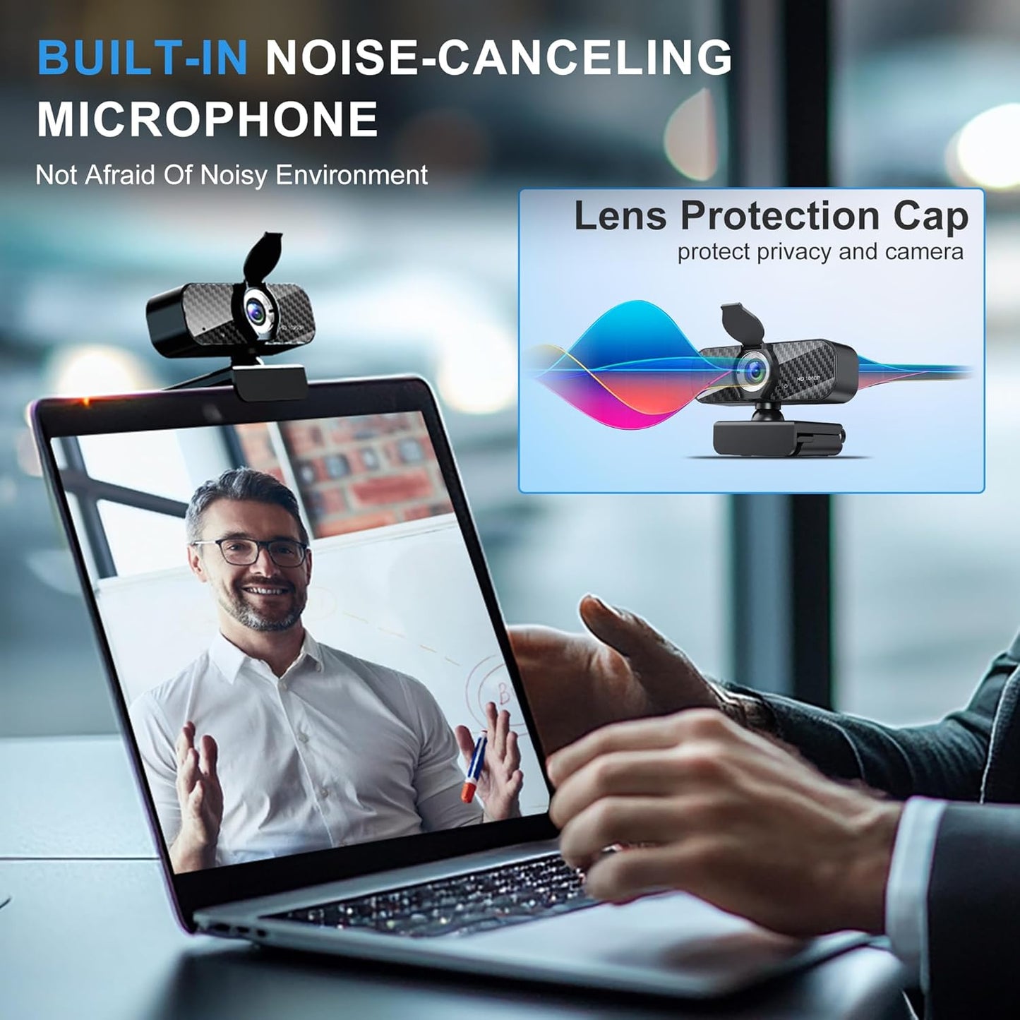 Webcam Full HD 1080P with Built-in Microphone and Rotatable Tripod, Carbon Fiber Board and Privacy Cover, Auto Light Correction, Adjustable FOV, Plug&Play for Zoom/Skype/Facetime/YouTube, Laptop/PC