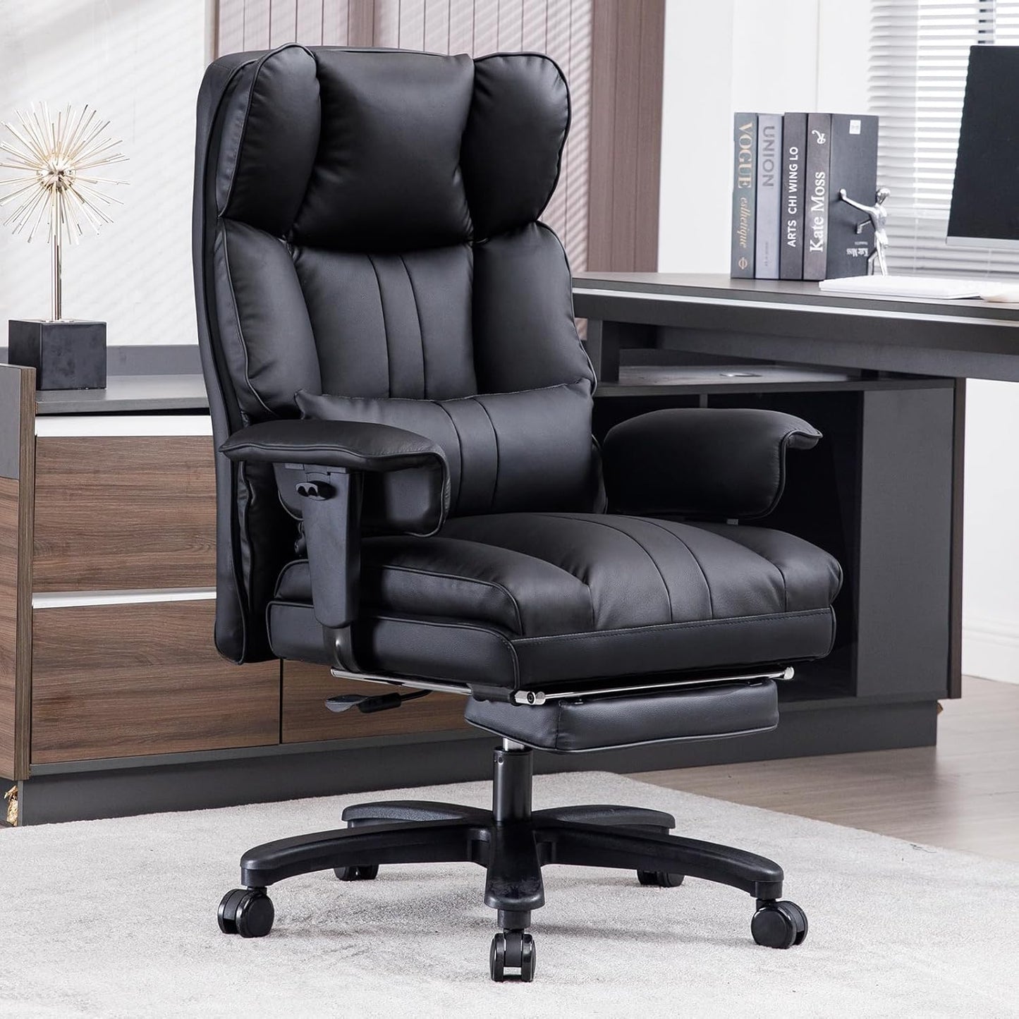 Big and Tall Office Chair 500lbs Wide Seat Executive Office Desk Chair High-Back Office Task Chair with Foot Rest, Ergonomic Lumbar Support Computer Office Chairs for Heavy People(Black)