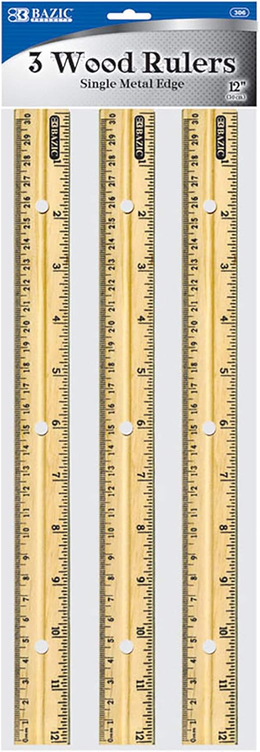 BAZIC Wooden Ruler 12" (30cm), Singel Metal Edge, Inches Centimeter Metric Measuring Drafting Rulers, for Students School Supplies (3/Pack), 1-Pack