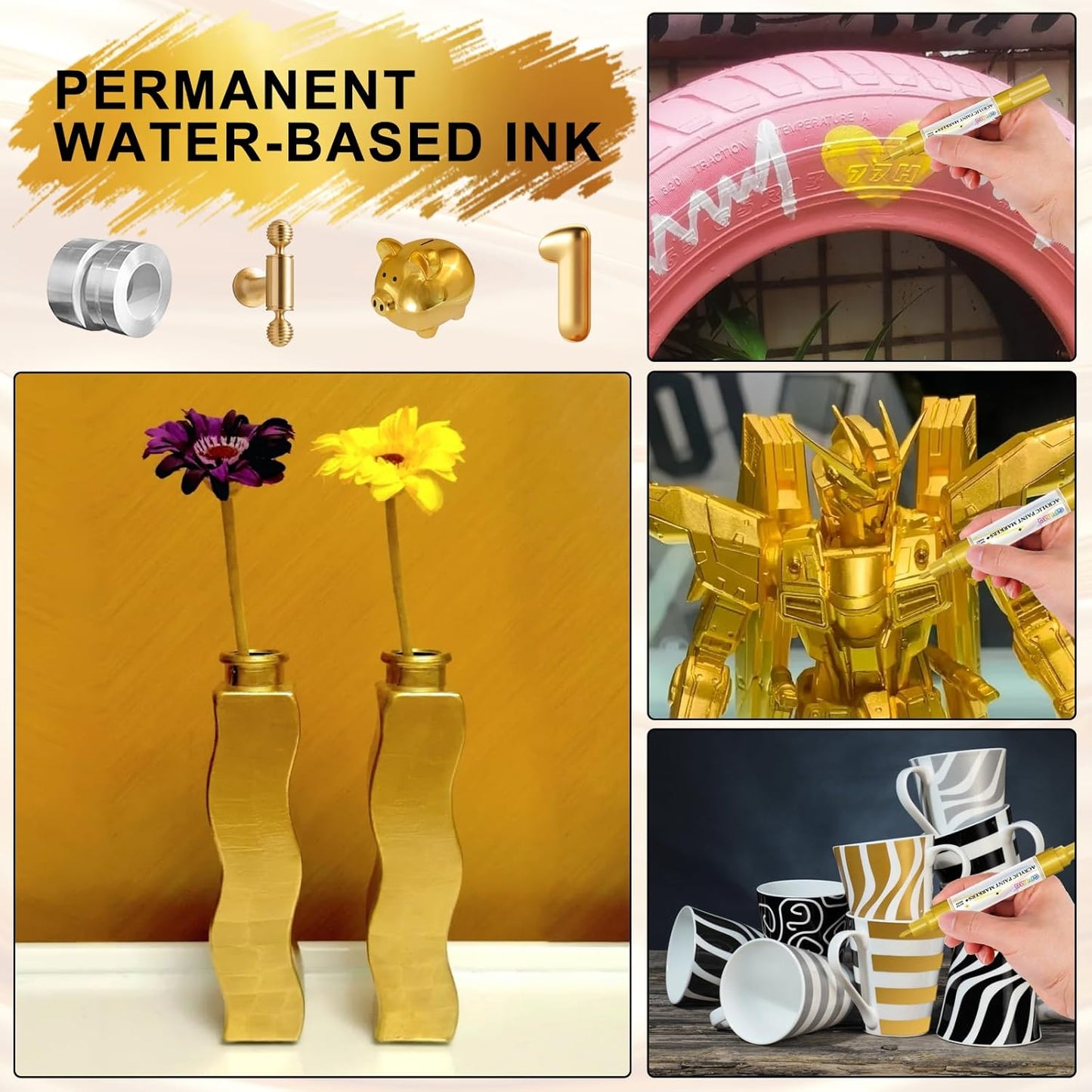 Paint Markers Paint Pens - 2 Pack Dual Tip Acrylic Permanent Marker (0.7mm & 3mm), Non-Toxic, Water-Based for Art Painting, Stone, Ceramic, Glass, Wood, Fabric, Metal, DIY Crafts (Gold)