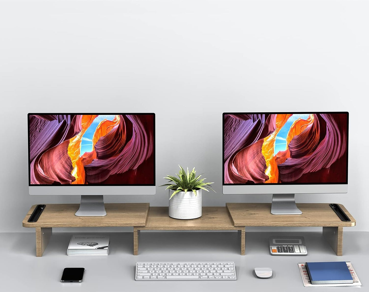 Zimilar Dual Monitor Stand Riser, Monitor Stand with Adjustable Length and Angle, Wood Monitor Stand for Desk, Monitor Riser for 2 Monitors with Storage Space