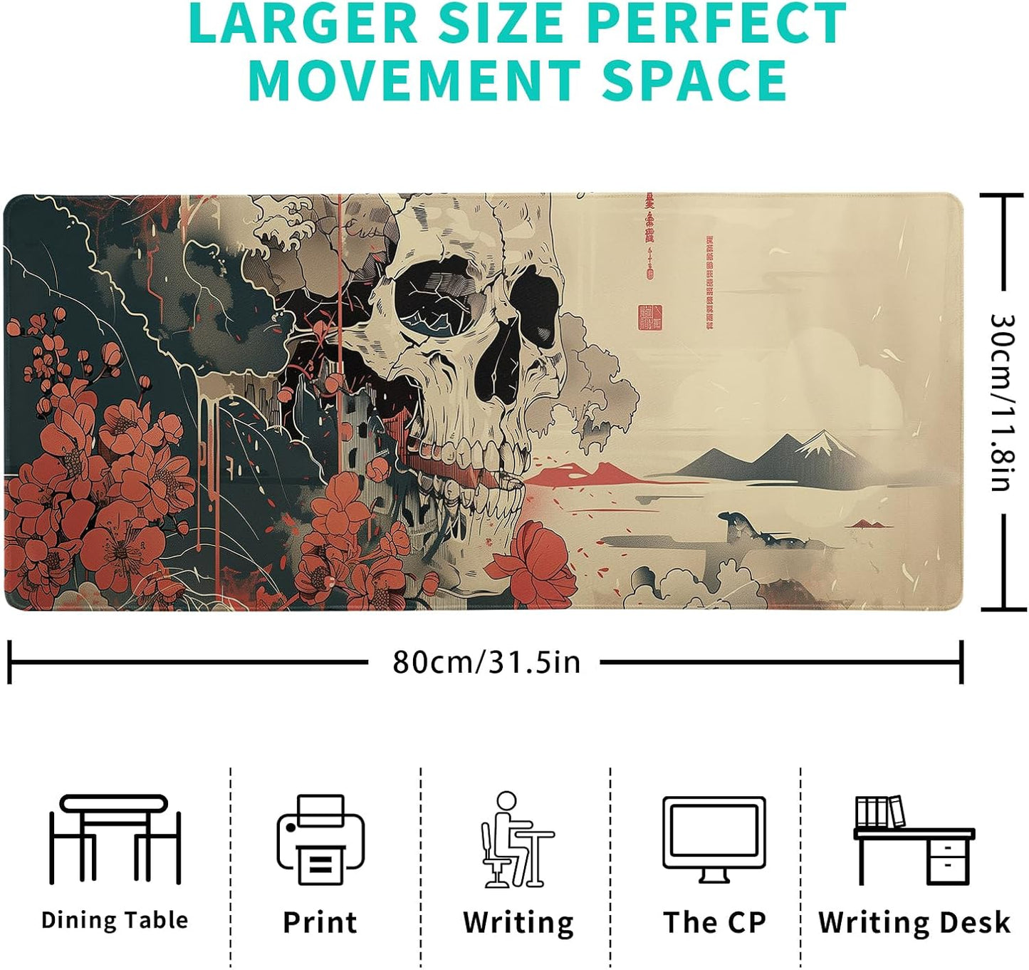 Japanese Ukiyo-e XL Anime Big Mouse Pads Large Skull Gaming Mouse Pad for Men Desk Pad with Stitched Edges Non-Slip Large Computer Mat, 31.5x11.8 in