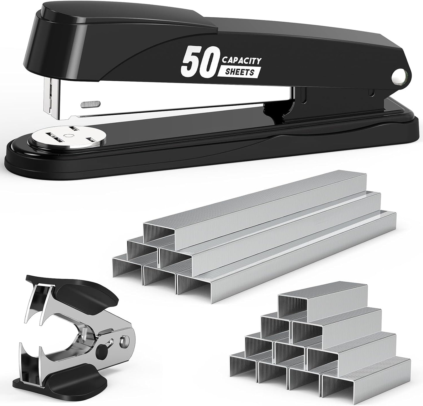 Metal Stapler Heavy Duty 50 Sheet Capacity with 1750 Staples and Staple Remover, Full Strip Staplers for Desk, No Jam, Non-Slip for Office & Classroom, Black