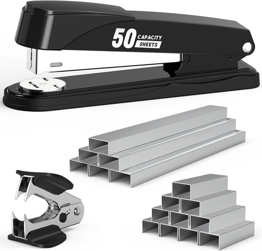 Metal Stapler Heavy Duty 50 Sheet Capacity with 1750 Staples and Staple Remover, Full Strip Staplers for Desk, No Jam, Non-Slip for Office & Classroom, Black